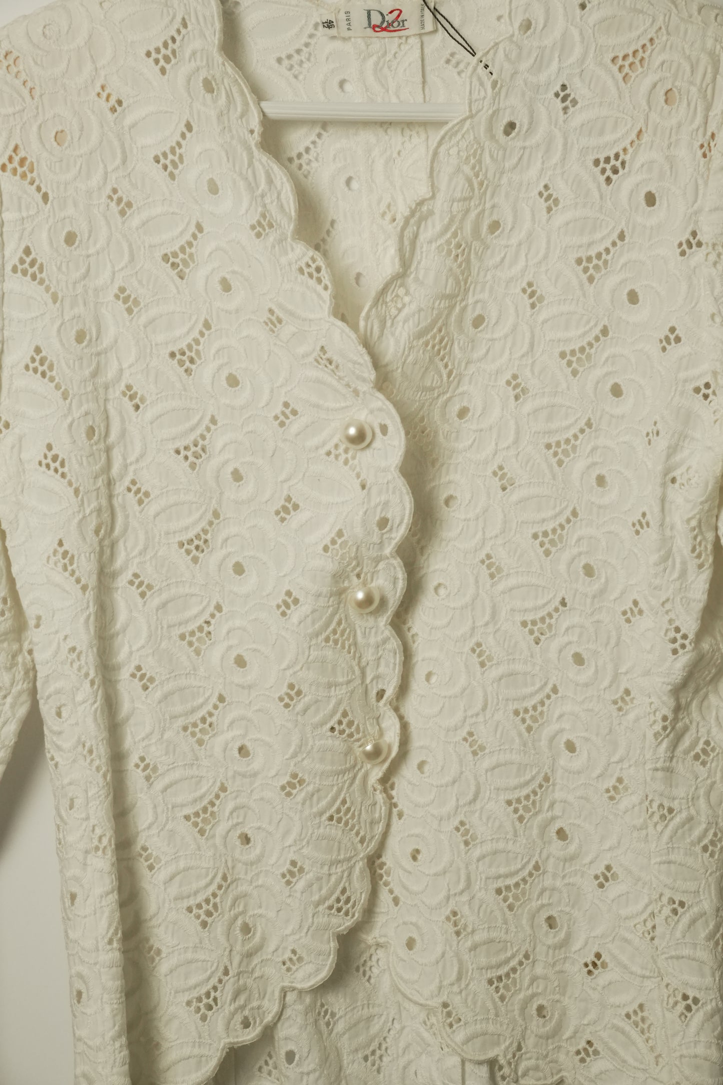 Christian Dior Lace Pearl Button Down Shoulder Pad Blouse