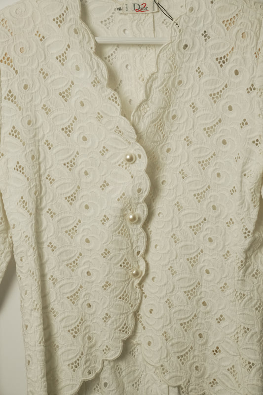 Christian Dior Lace Pearl Button Down Shoulder Pad Blouse