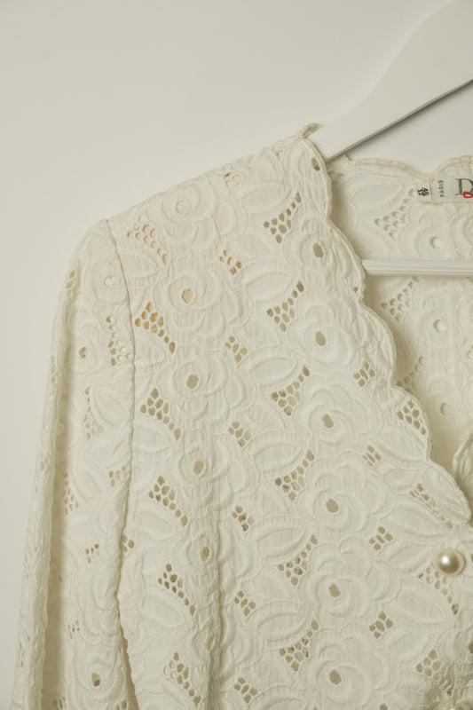 Christian Dior Lace Pearl Button Down Shoulder Pad Blouse