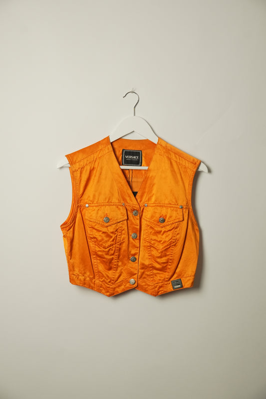 Versace Jeans Couture Satin Orange Pocket Button Vest
