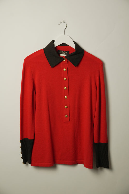 Escada Red Gold Button Down LS Collared Knit