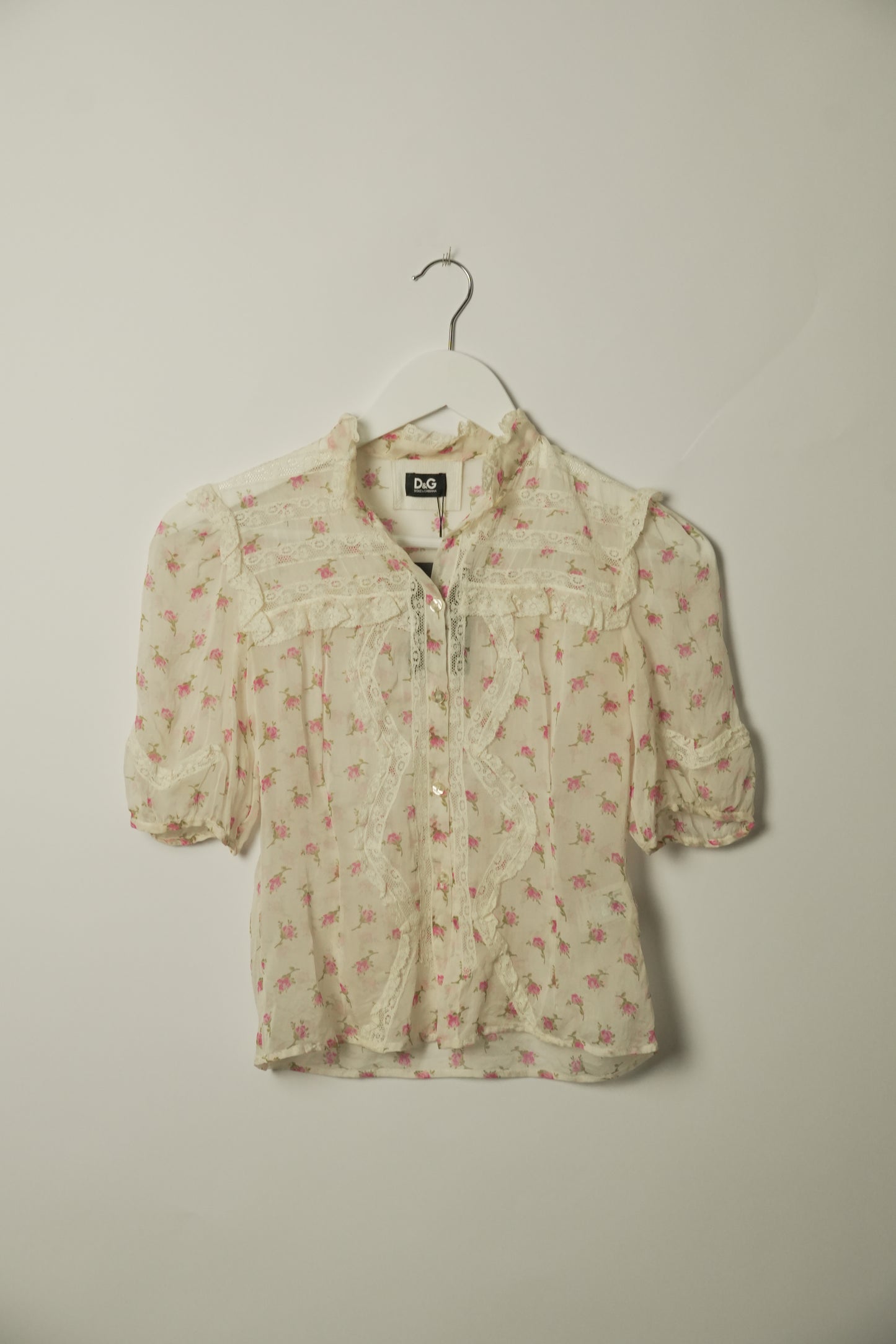 Dolce & Gabbana Silk SS Blouse w Lace & Sheer Floral Print Sz 36