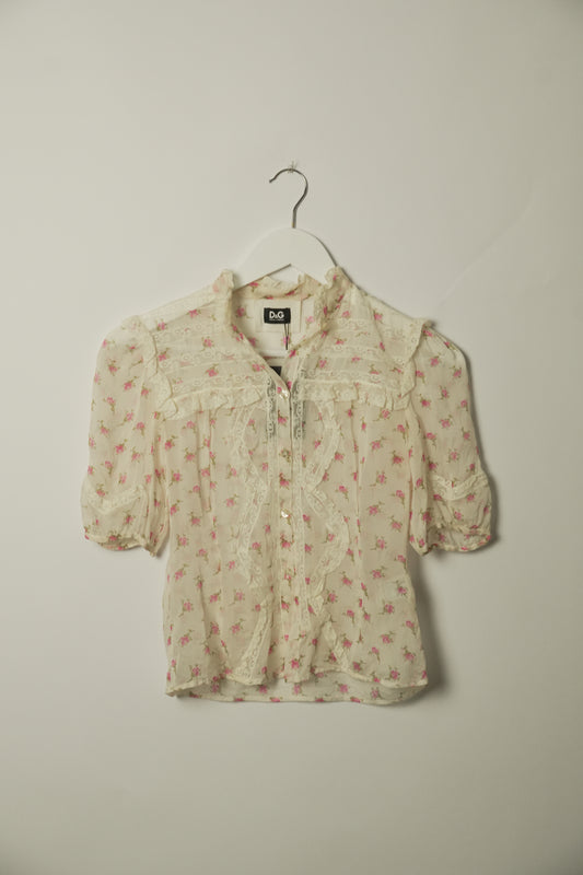 Dolce & Gabbana Silk SS Blouse w Lace & Sheer Floral Print Sz 36