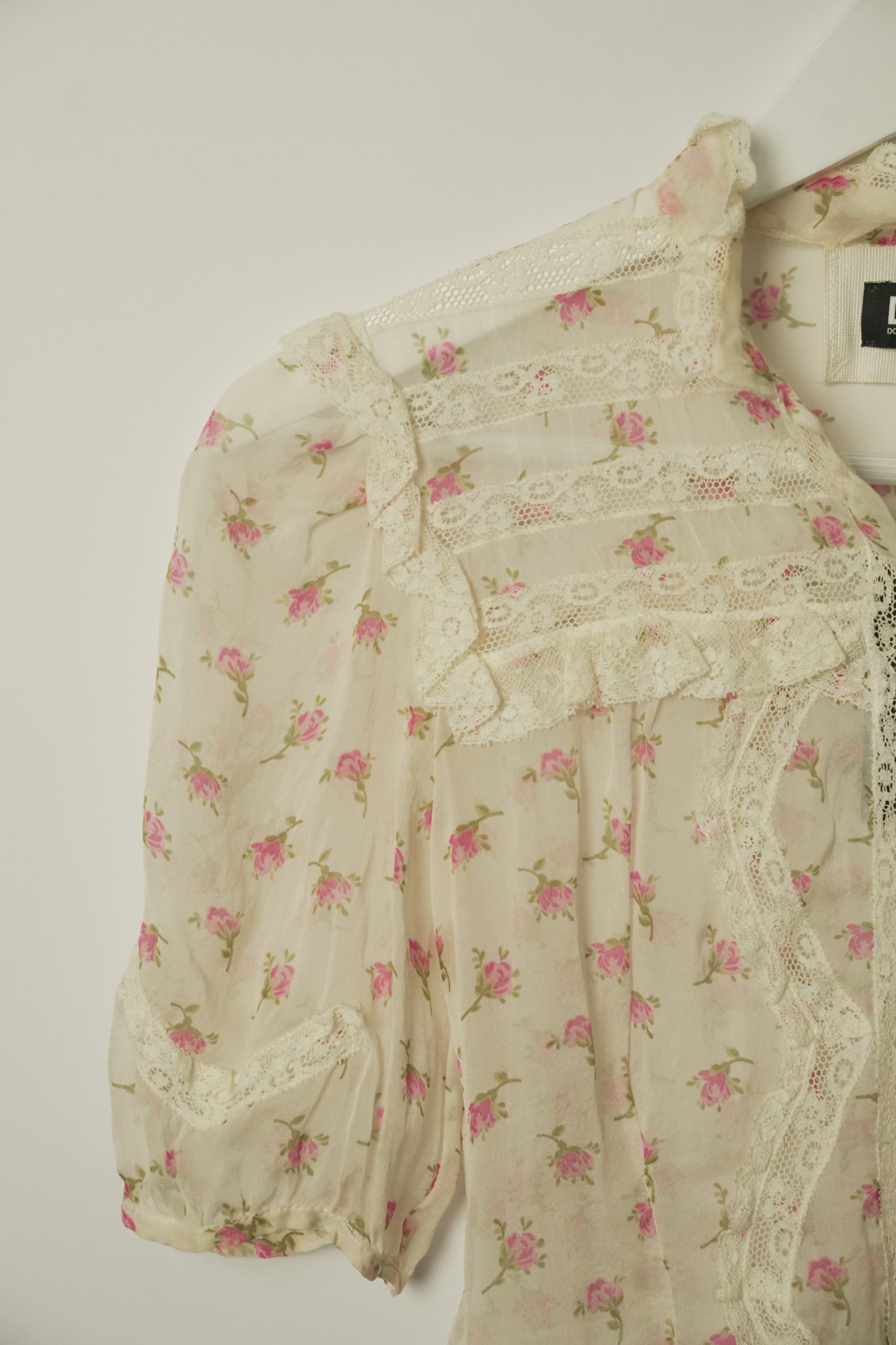 Dolce & Gabbana Silk SS Blouse w Lace & Sheer Floral Print Sz 36