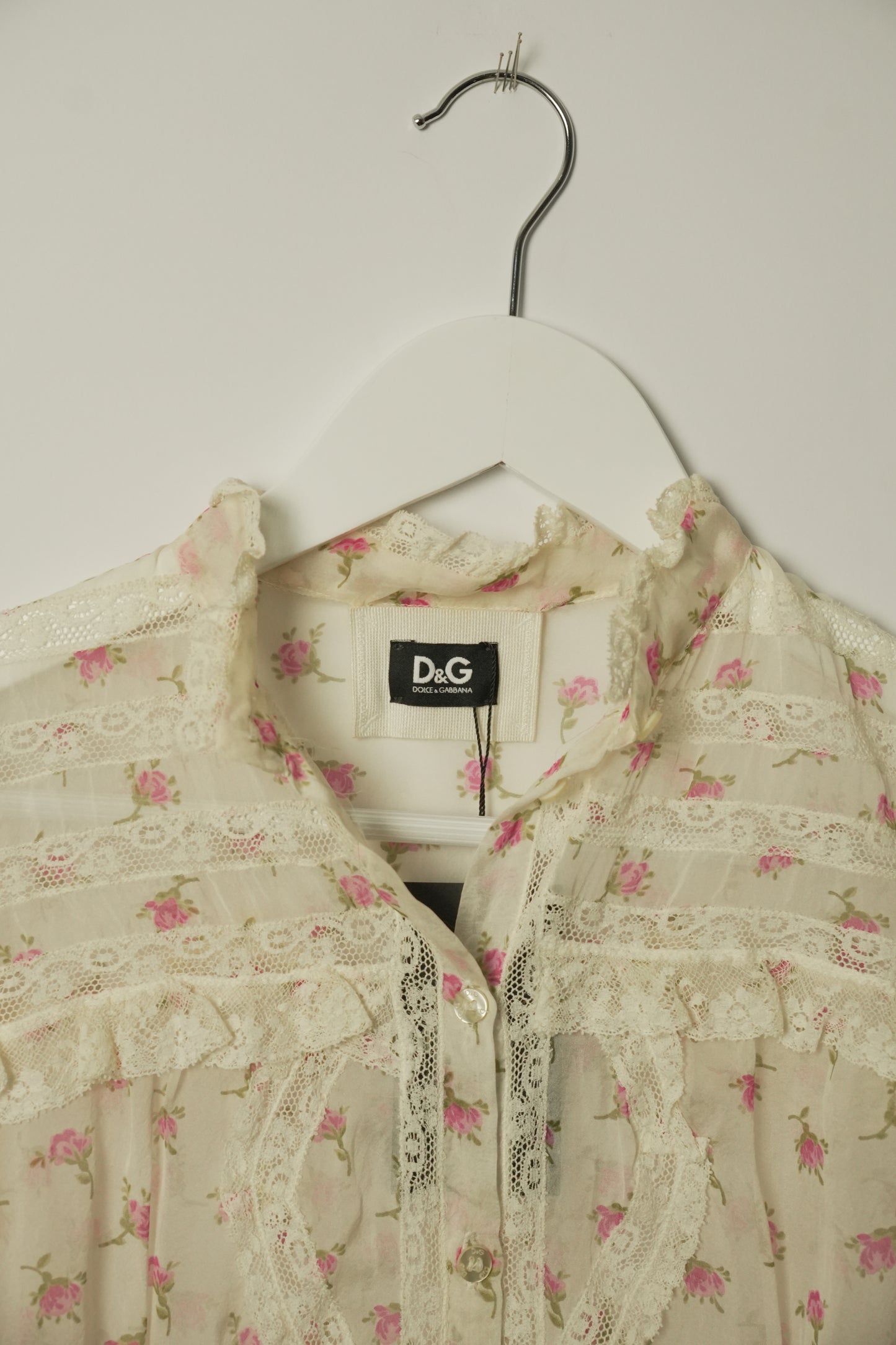 Dolce & Gabbana Silk SS Blouse w Lace & Sheer Floral Print Sz 36