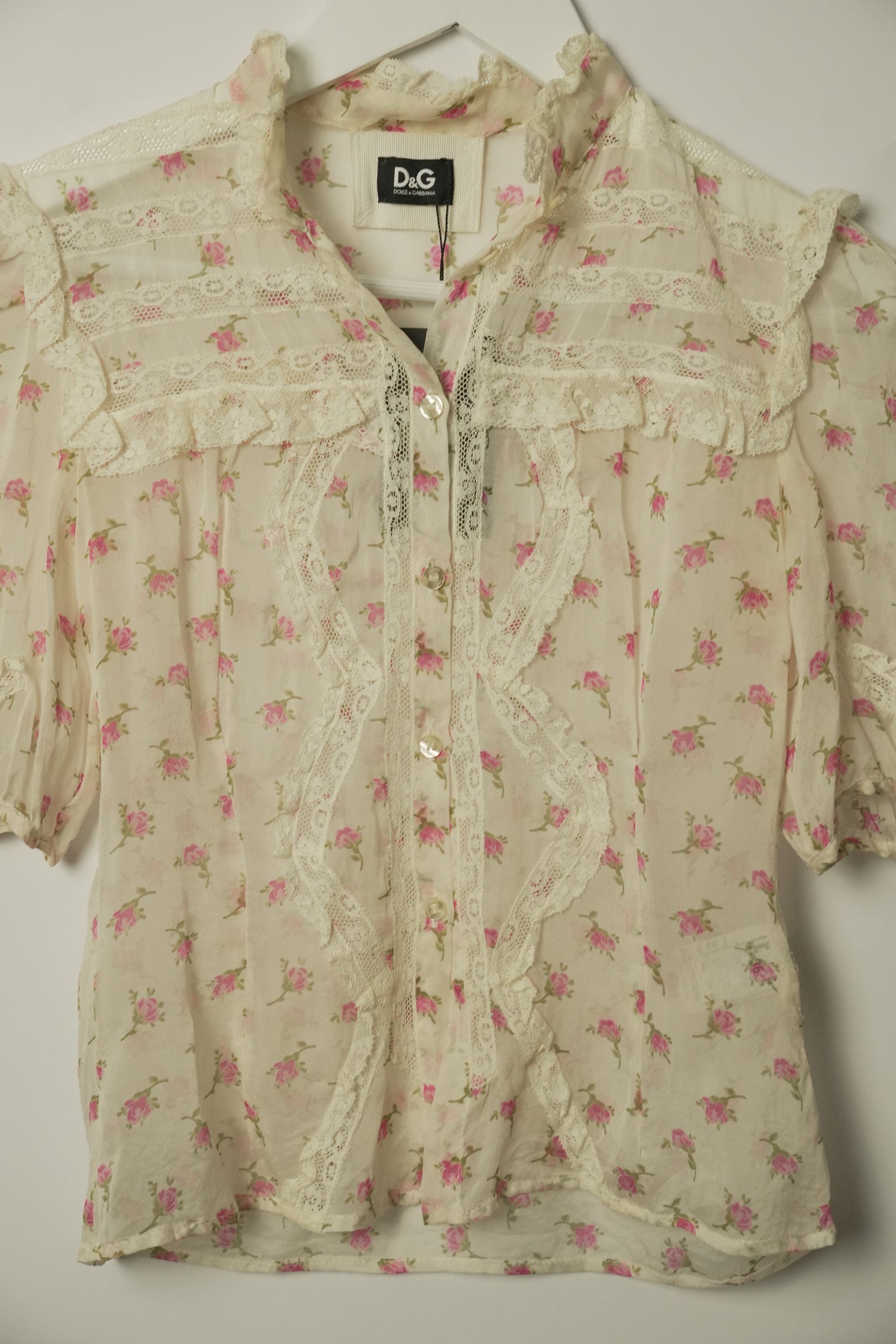 Dolce & Gabbana Silk SS Blouse w Lace & Sheer Floral Print Sz 36
