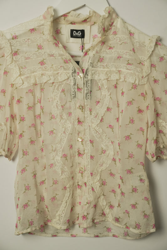 Dolce & Gabbana Silk SS Blouse w Lace & Sheer Floral Print Sz 36