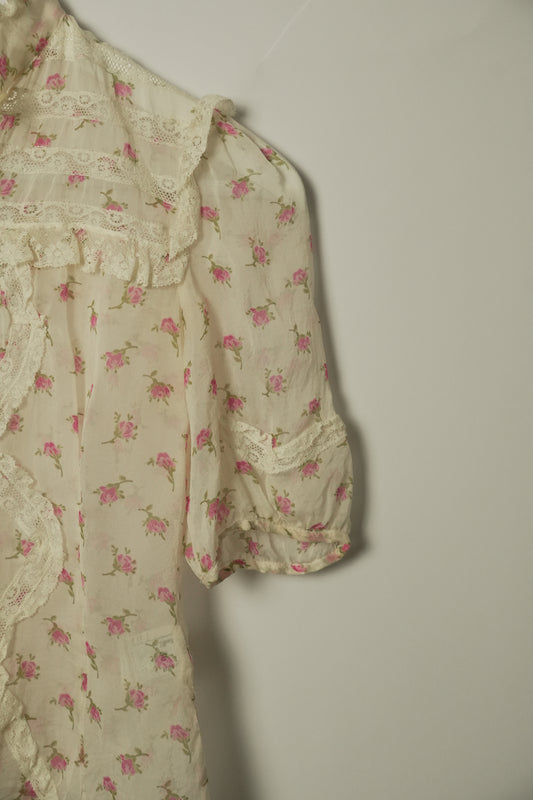Dolce & Gabbana Silk SS Blouse w Lace & Sheer Floral Print Sz 36