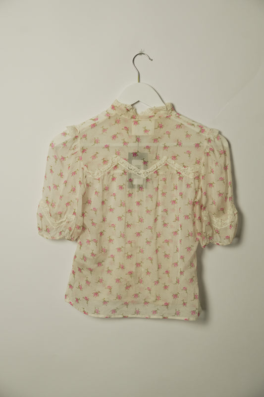 Dolce & Gabbana Silk SS Blouse w Lace & Sheer Floral Print Sz 36