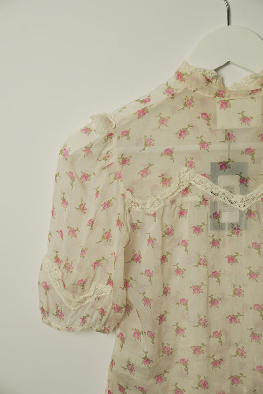 Dolce & Gabbana Silk SS Blouse w Lace & Sheer Floral Print Sz 36