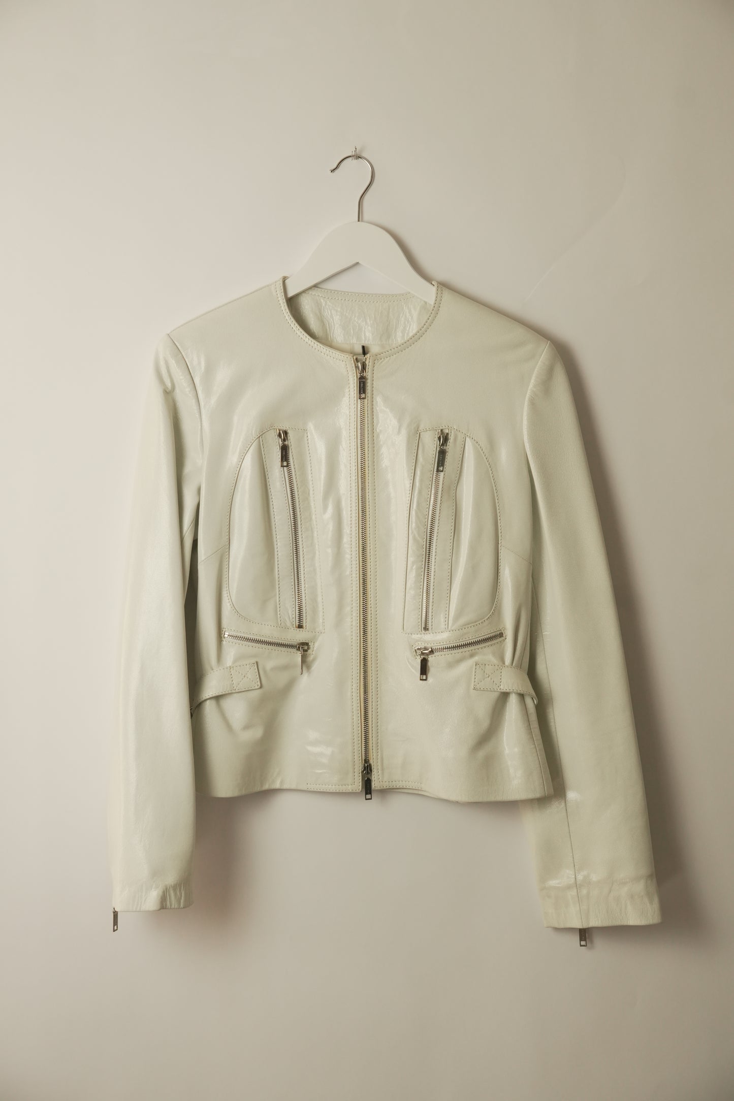 Celine White Motorcycle Zipper Collarless Leather Jacket