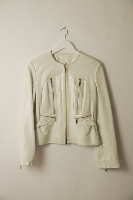 Celine White Motorcycle Zipper Collarless Leather Jacket