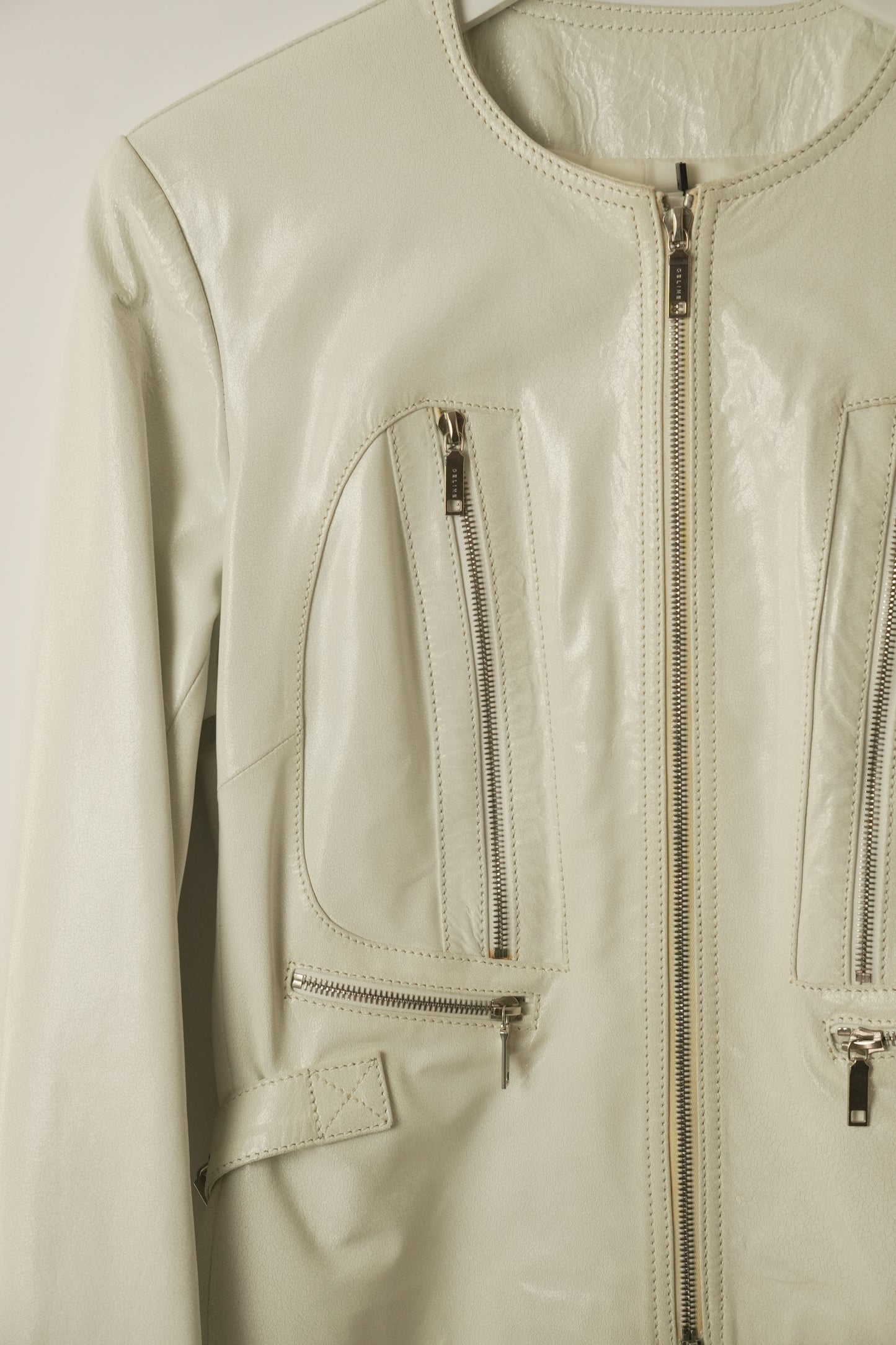 Celine White Motorcycle Zipper Collarless Leather Jacket