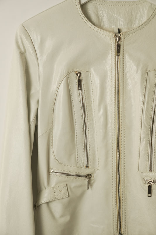 Celine White Motorcycle Zipper Collarless Leather Jacket