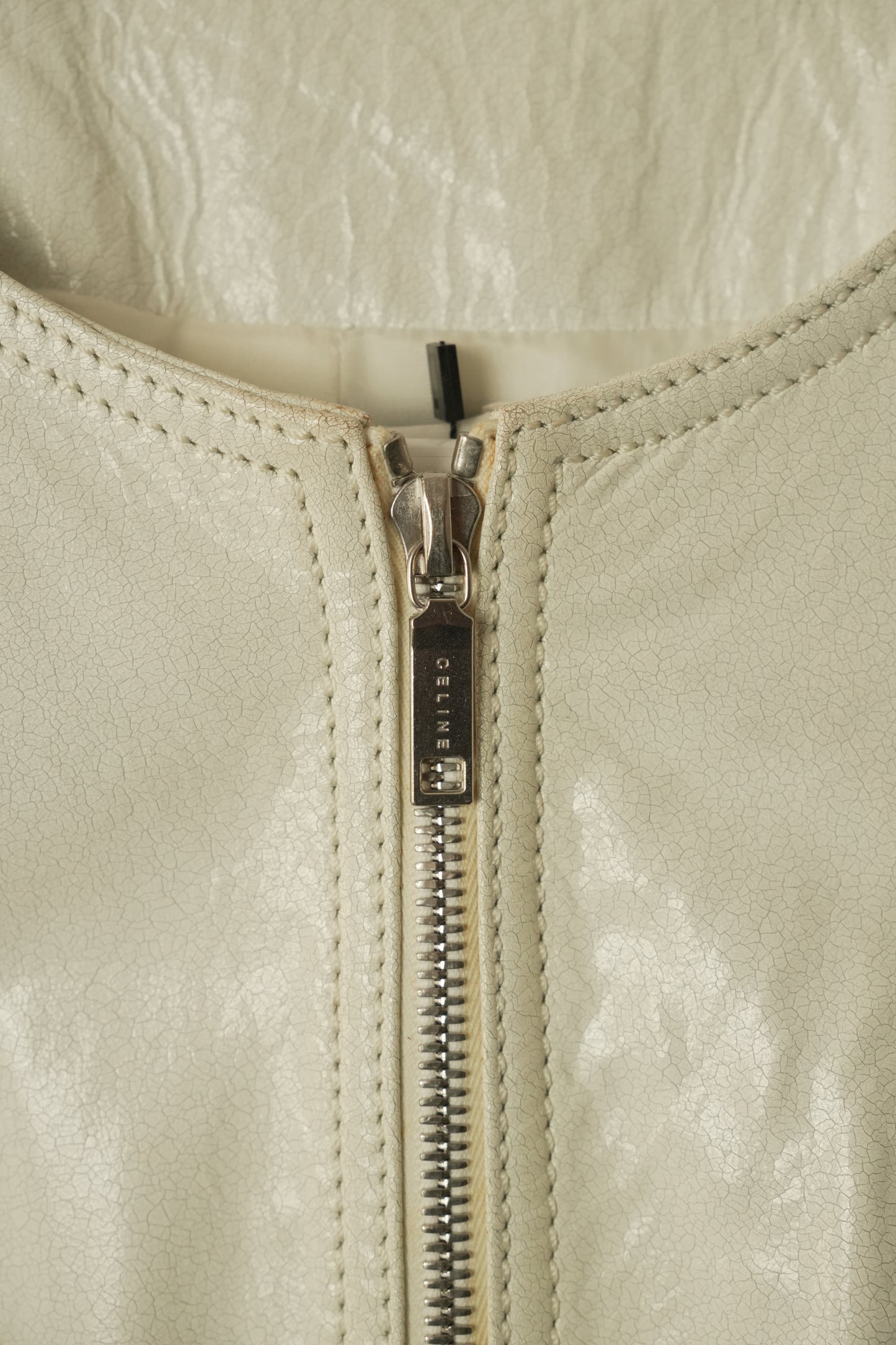 Celine White Motorcycle Zipper Collarless Leather Jacket