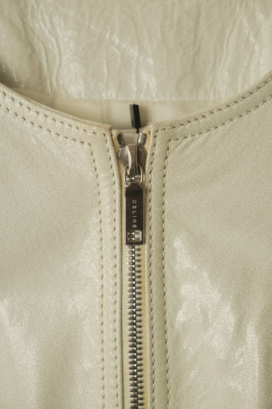 Celine White Motorcycle Zipper Collarless Leather Jacket