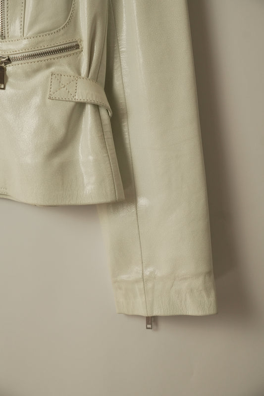 Celine White Motorcycle Zipper Collarless Leather Jacket