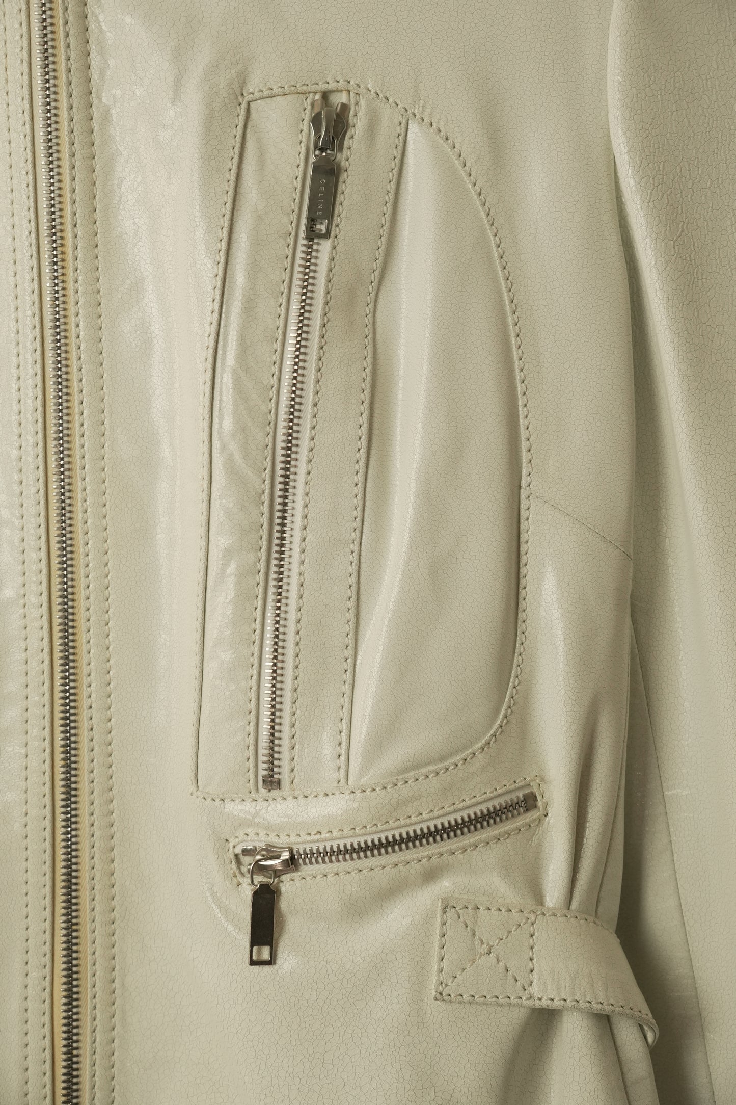 Celine White Motorcycle Zipper Collarless Leather Jacket