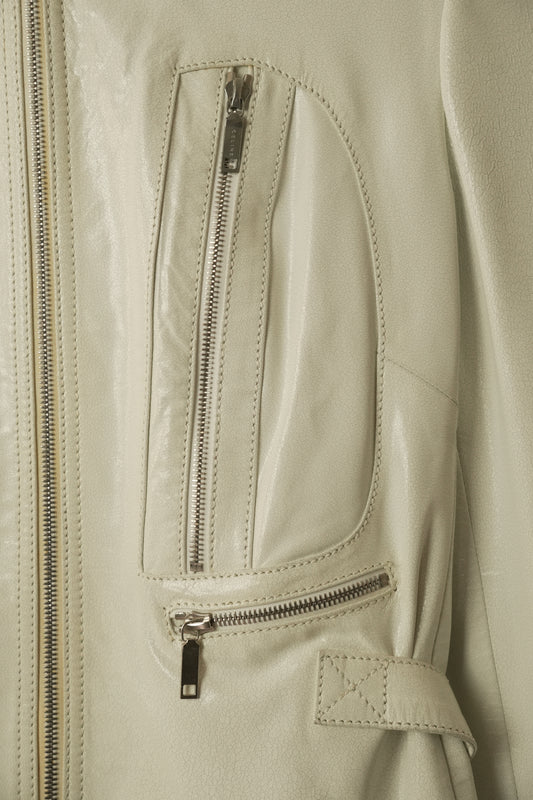 Celine White Motorcycle Zipper Collarless Leather Jacket