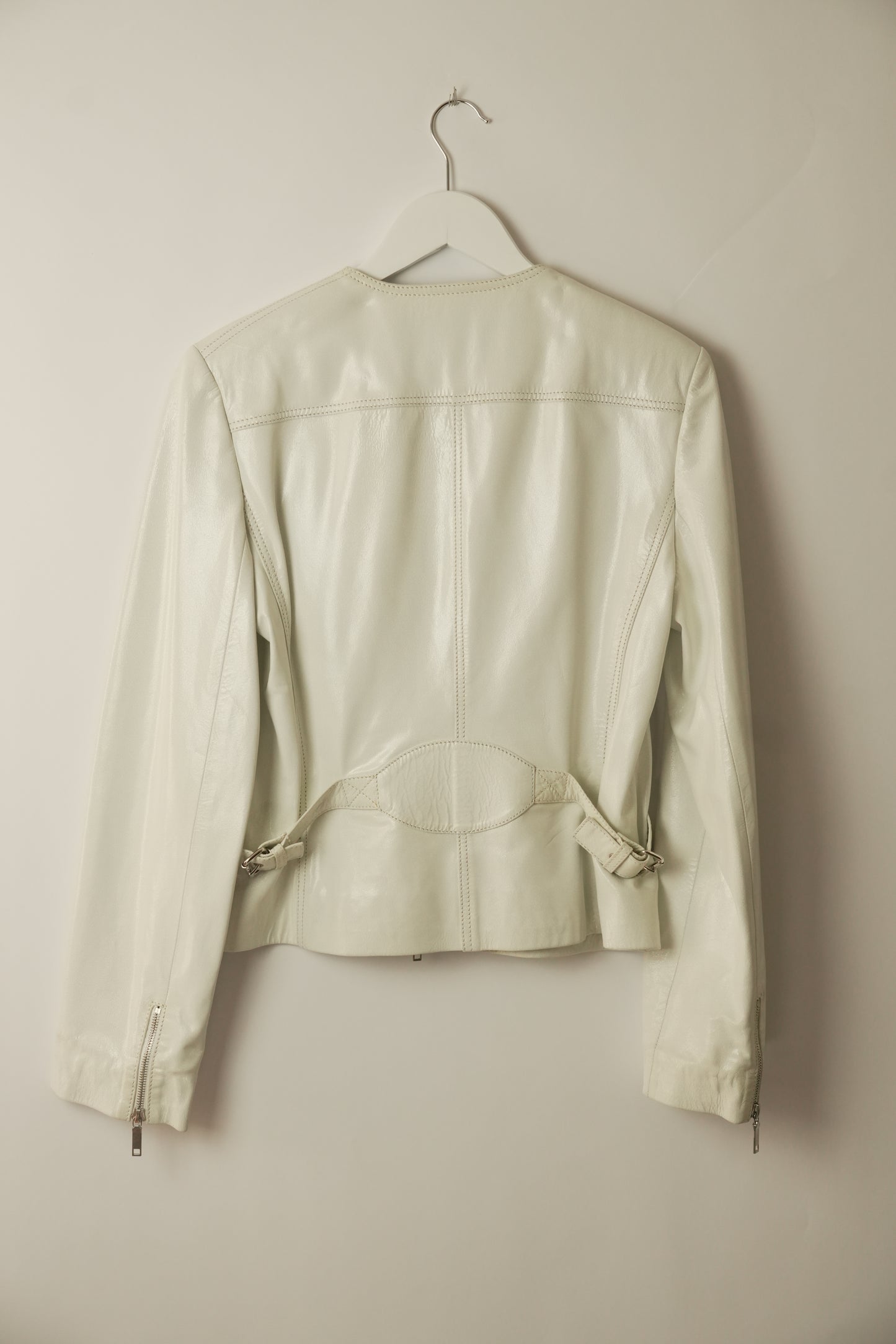 Celine White Motorcycle Zipper Collarless Leather Jacket