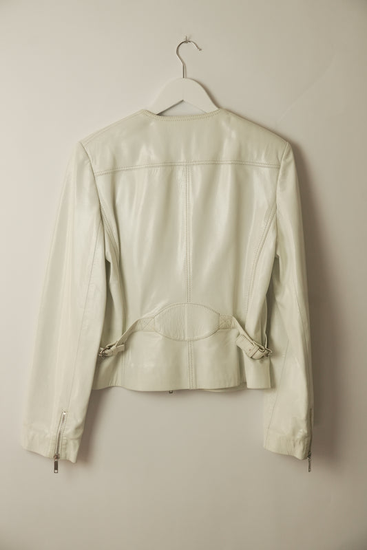 Celine White Motorcycle Zipper Collarless Leather Jacket