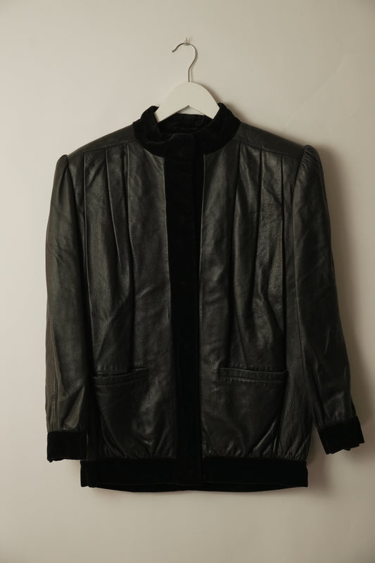 Valentino Leather Shoulder Pad Jacket w Velvet Trim