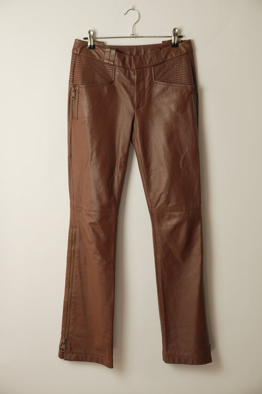 Gucci Brown Leather Pants w Quilted Pockets and Zipper