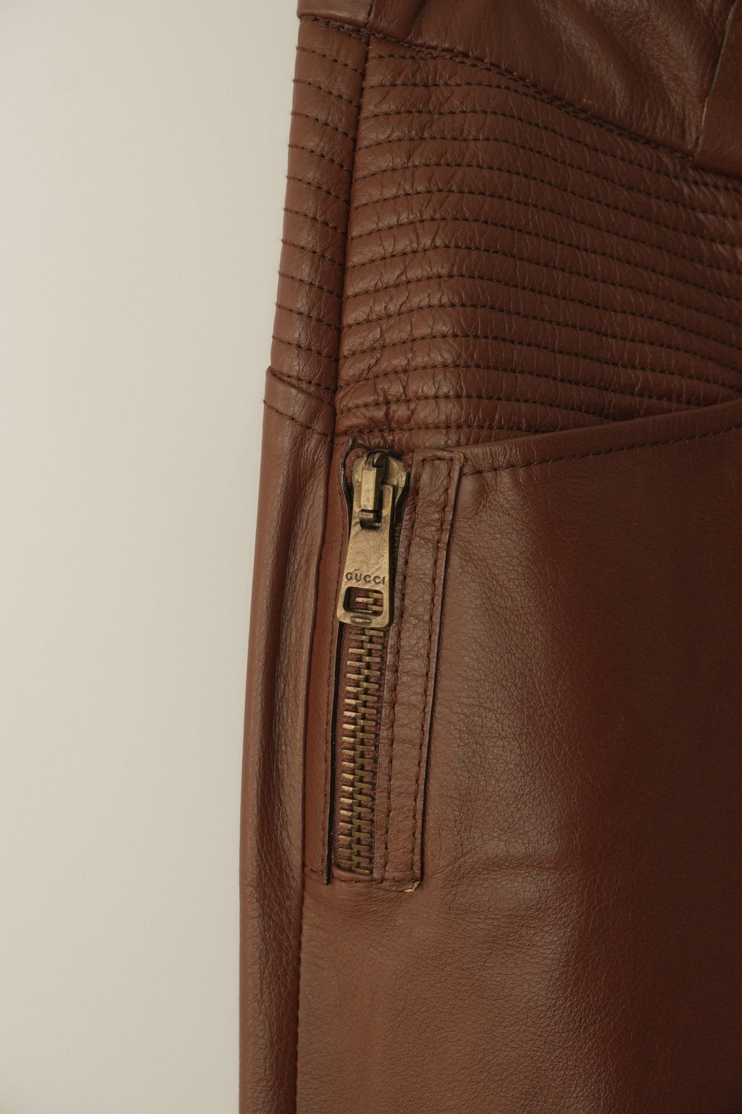 Gucci Brown Leather Pants w Quilted Pockets and Zipper