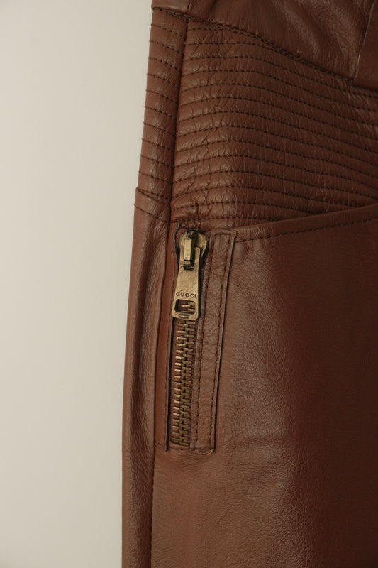 Gucci Brown Leather Pants w Quilted Pockets and Zipper