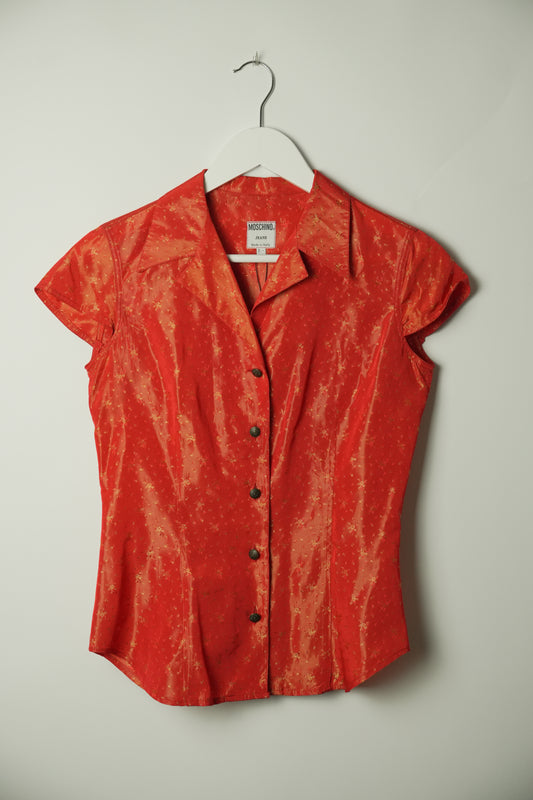 Moschino Jeans Red Floral Print Cap Sleeve SS Button Down Blouse