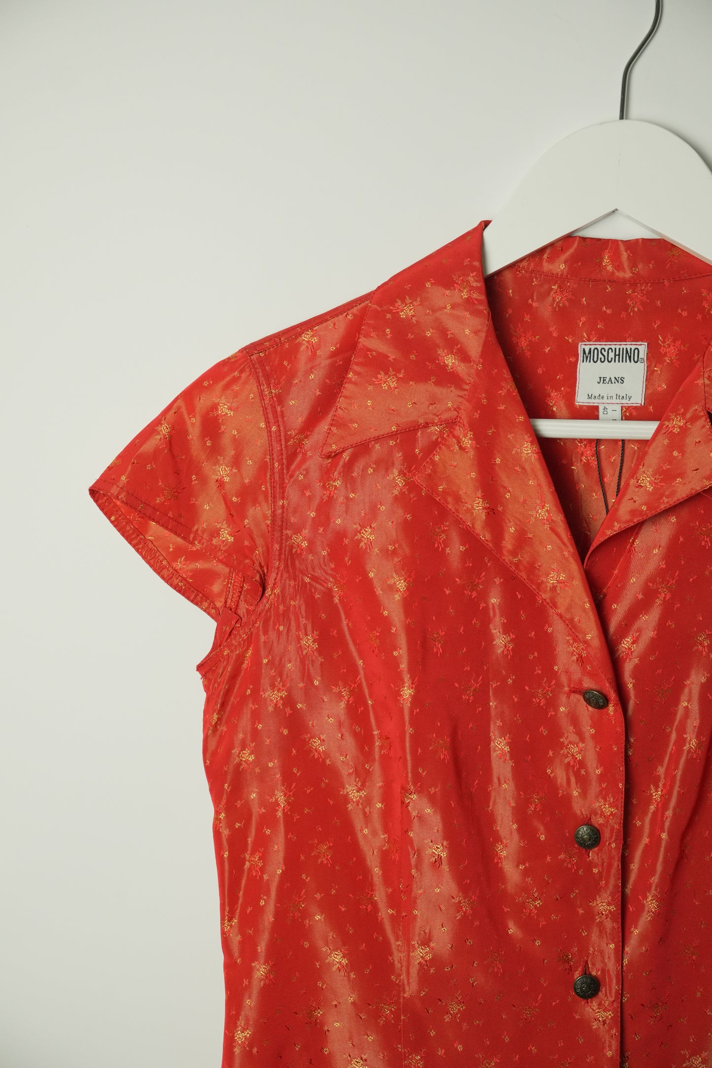 Moschino Jeans Red Floral Print Cap Sleeve SS Button Down Blouse