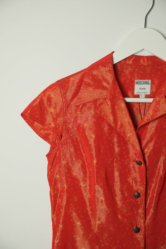 Moschino Jeans Red Floral Print Cap Sleeve SS Button Down Blouse