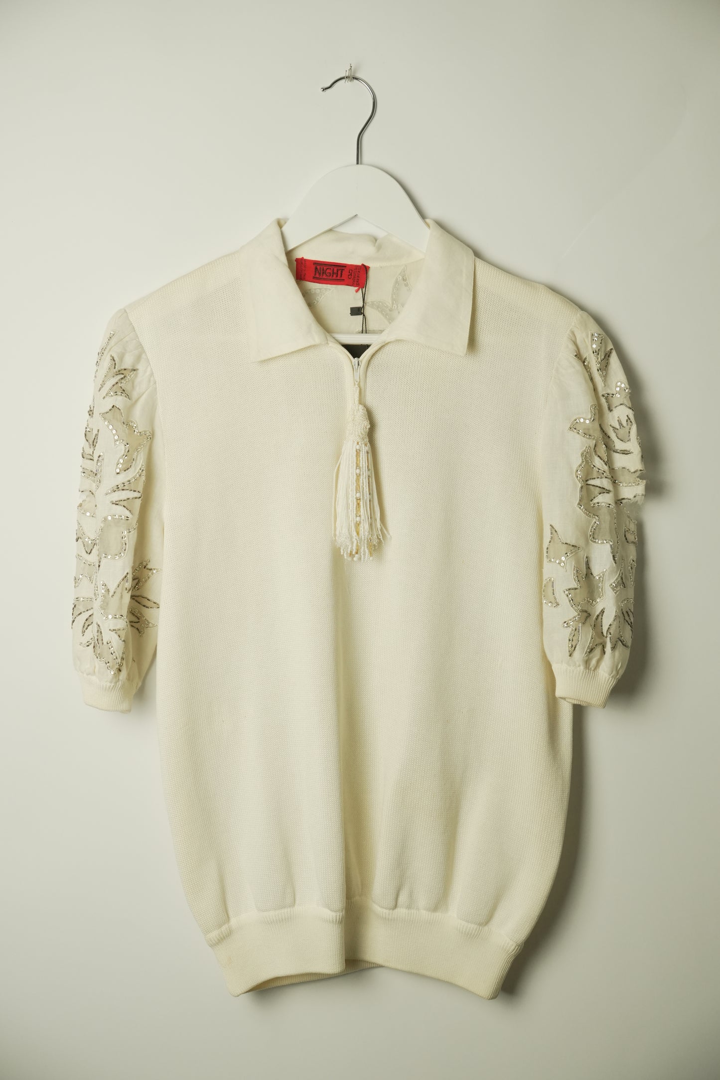 Valentino Night White Knit Polo w Metallic Floral Sleeve & Tassle Zipper