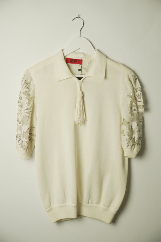 Valentino Night White Knit Polo w Metallic Floral Sleeve & Tassle Zipper