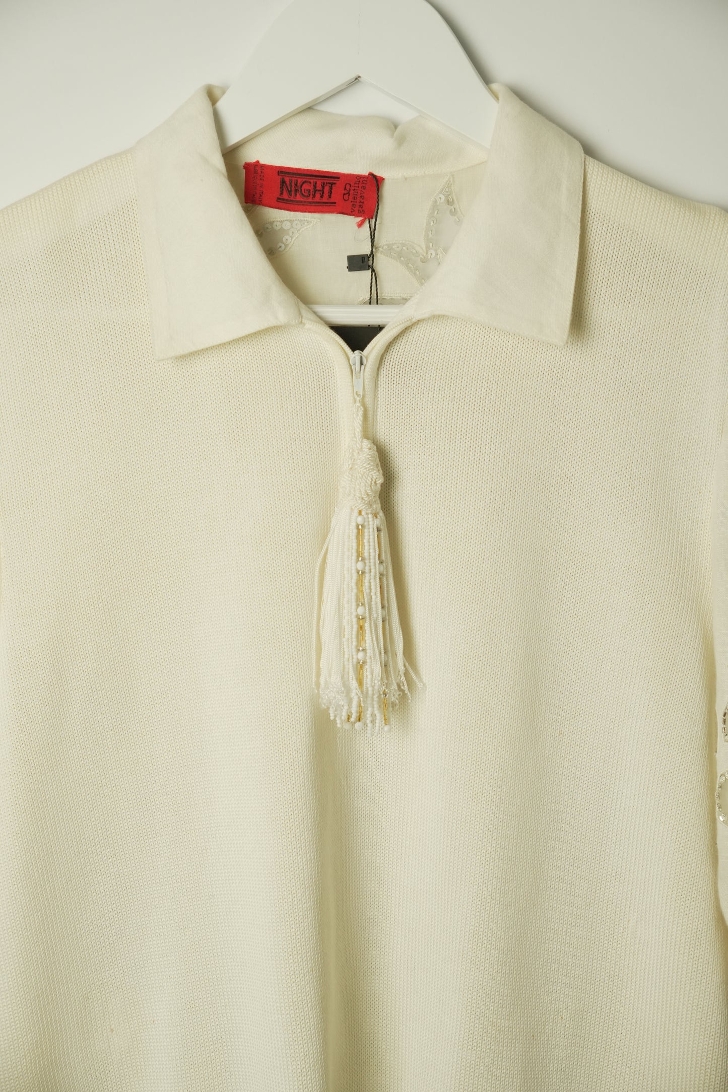 Valentino Night White Knit Polo w Metallic Floral Sleeve & Tassle Zipper