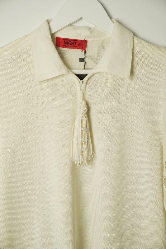 Valentino Night White Knit Polo w Metallic Floral Sleeve & Tassle Zipper