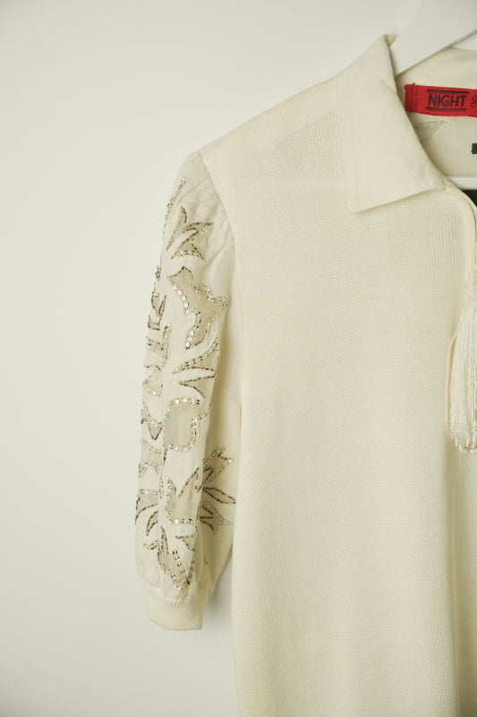 Valentino Night White Knit Polo w Metallic Floral Sleeve & Tassle Zipper