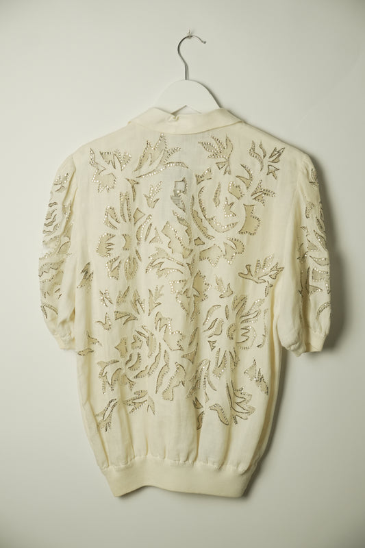 Valentino Night White Knit Polo w Metallic Floral Sleeve & Tassle Zipper