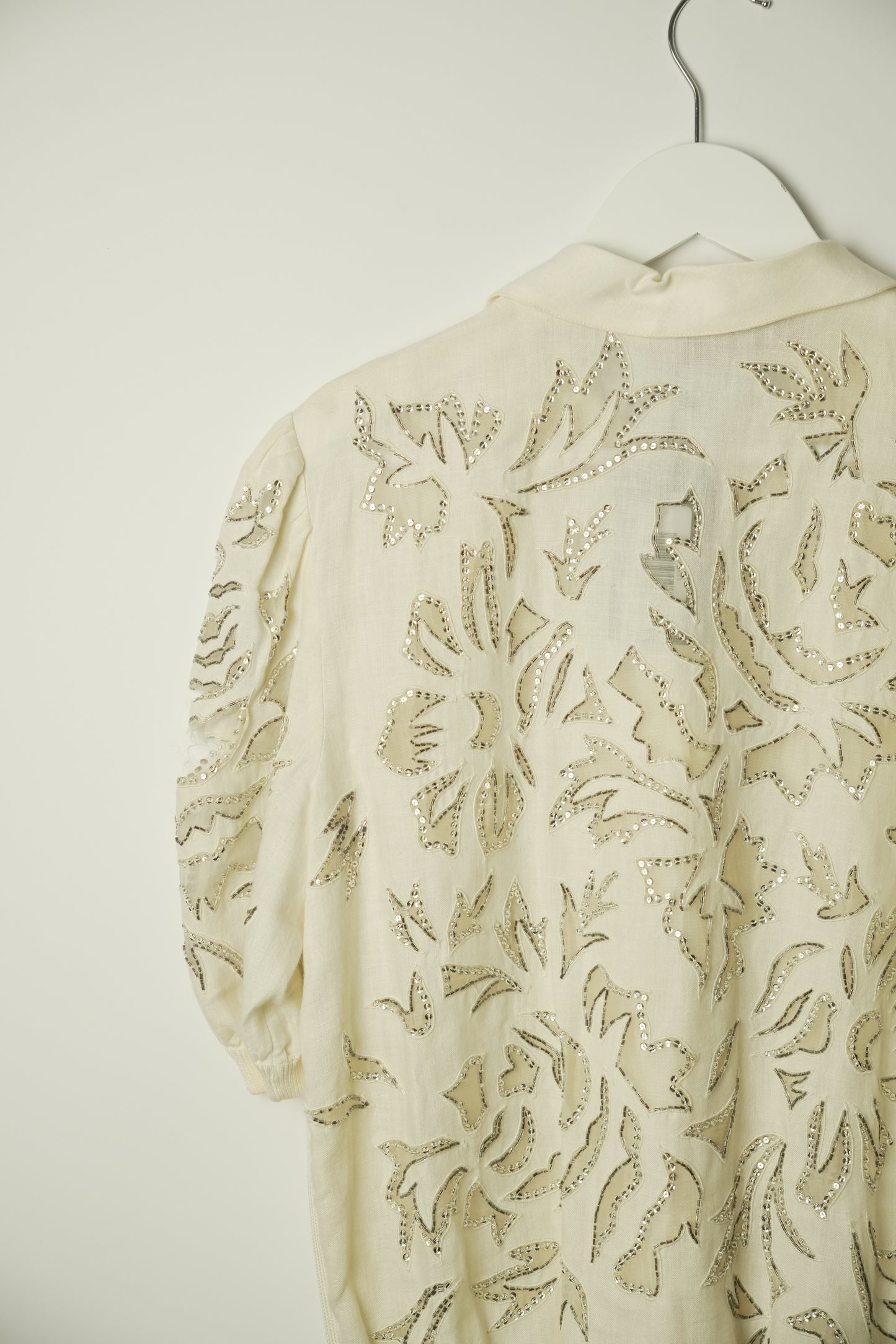 Valentino Night White Knit Polo w Metallic Floral Sleeve & Tassle Zipper