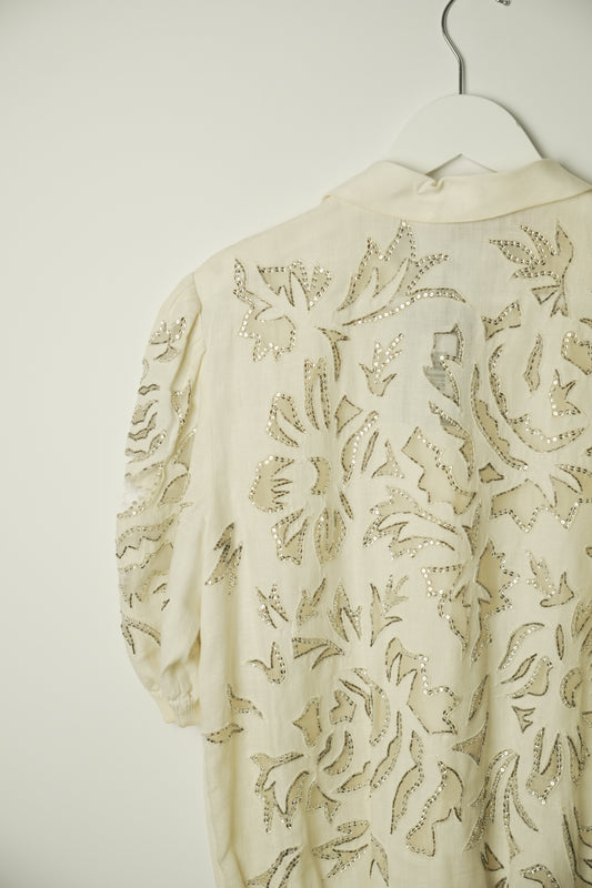 Valentino Night White Knit Polo w Metallic Floral Sleeve & Tassle Zipper