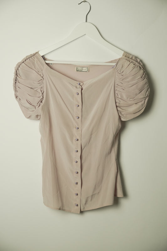 Gianni Versace Pleated Lilac Shoulder Button Down SS Blouse