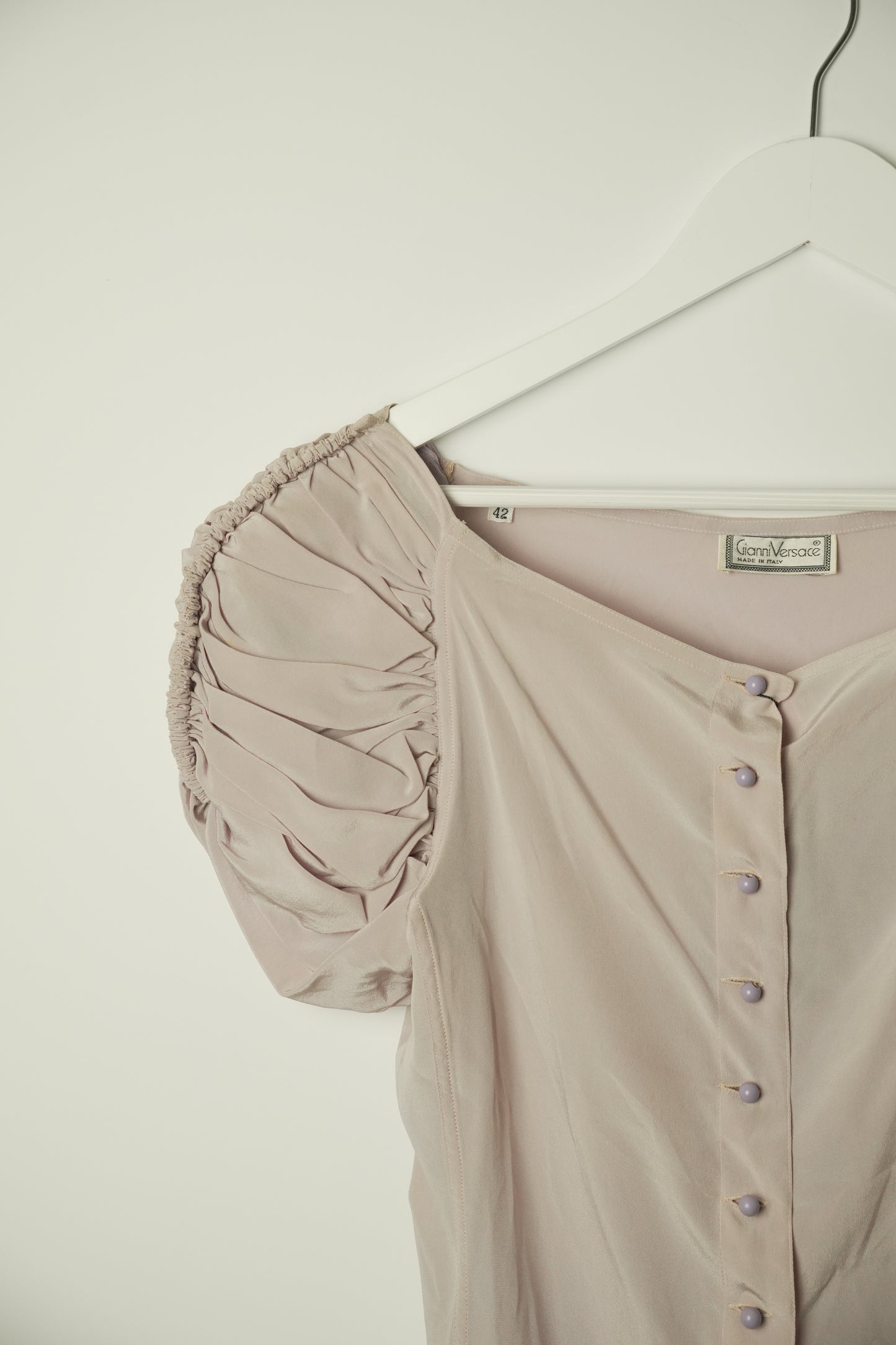 Gianni Versace Pleated Lilac Shoulder Button Down SS Blouse