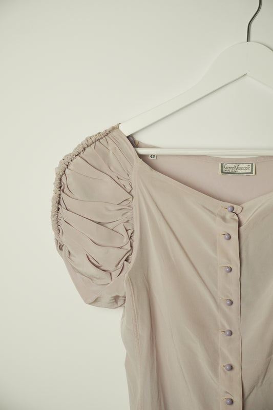 Gianni Versace Pleated Lilac Shoulder Button Down SS Blouse