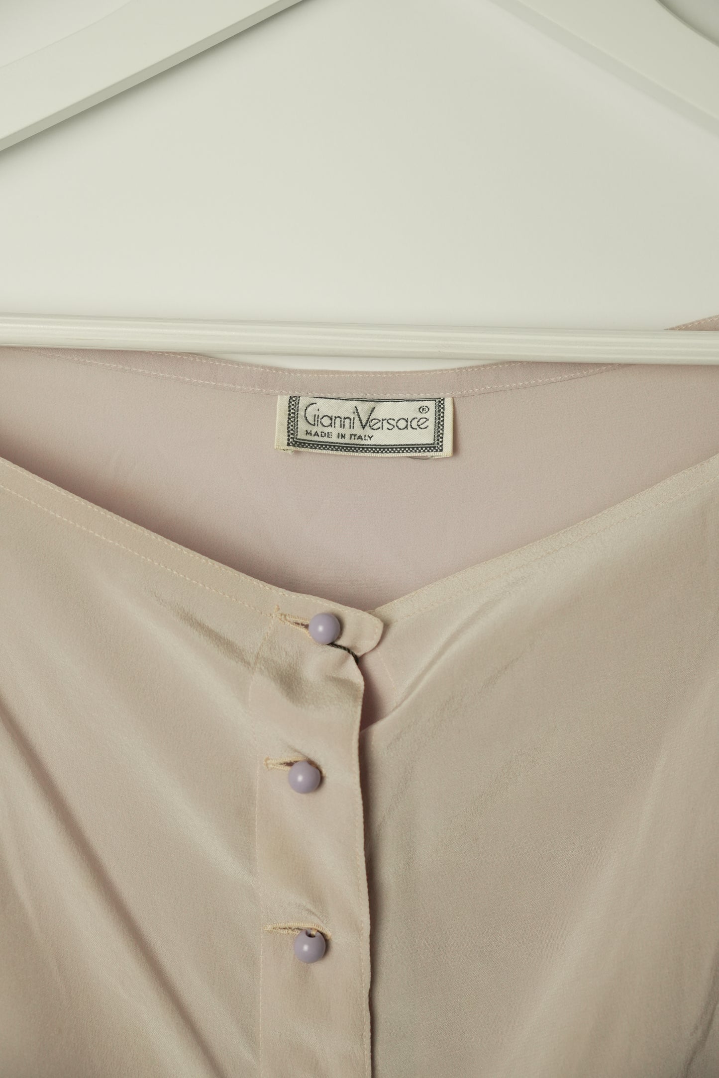 Gianni Versace Pleated Lilac Shoulder Button Down SS Blouse