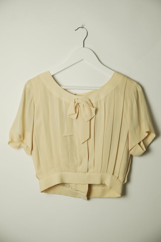 Moschino Couture Silk SS Pleated Crop Top w bow