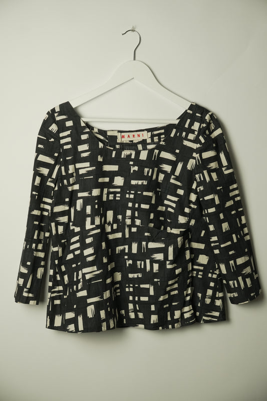 Marni Black White Checkered 3/4 LS Boxy Shirt Blouse