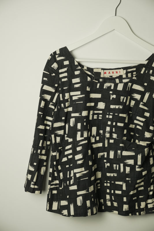 Marni Black White Checkered 3/4 LS Boxy Shirt Blouse