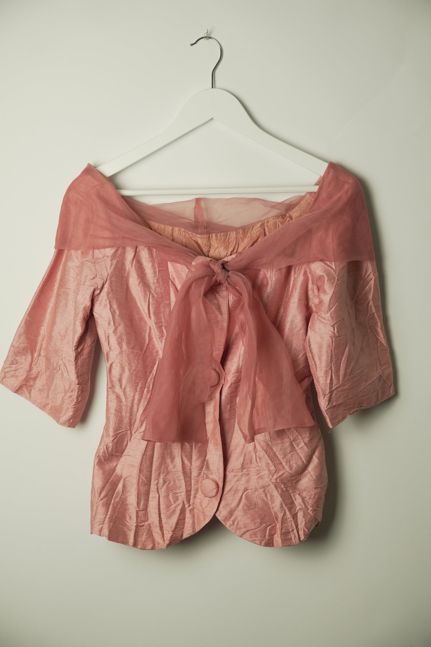 Vintage Pink Organza Boat Neck 3/4 Sleeve Button Down Blouse