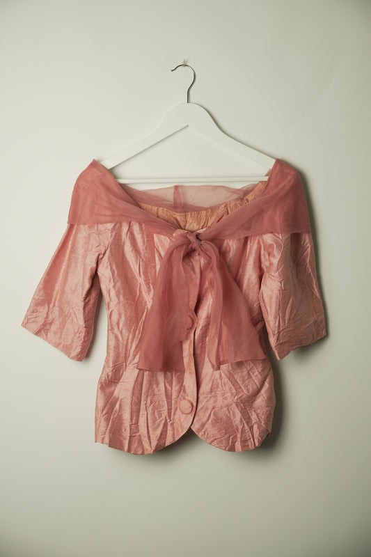Vintage Pink Organza Boat Neck 3/4 Sleeve Button Down Blouse