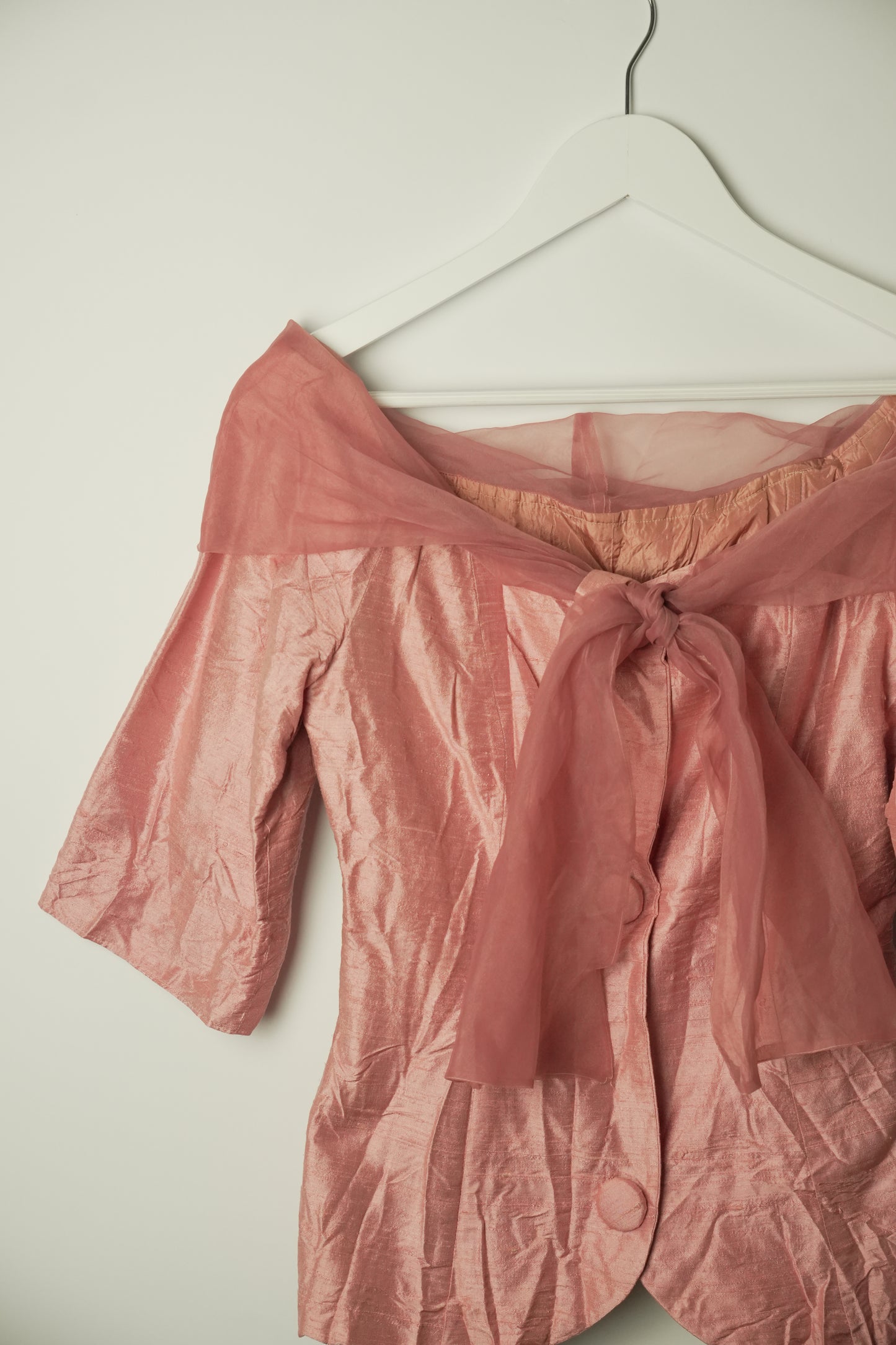 Vintage Pink Organza Boat Neck 3/4 Sleeve Button Down Blouse